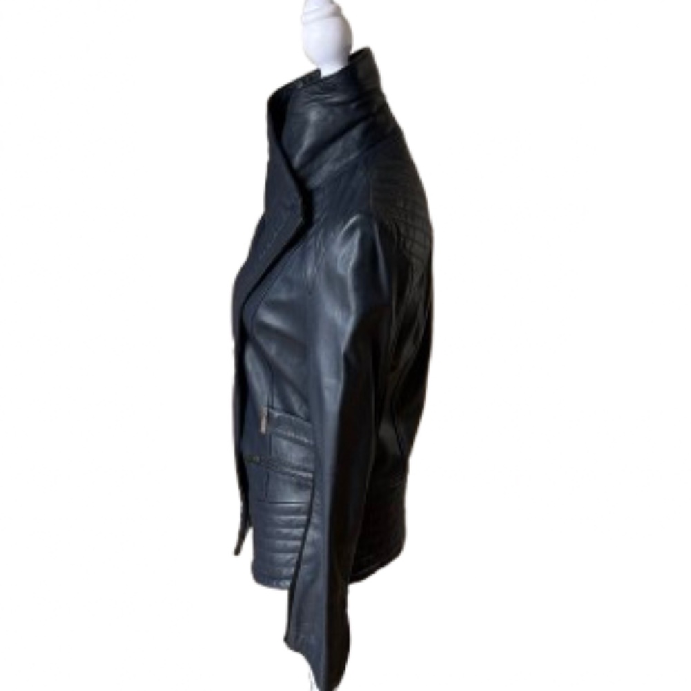 Badgley Mischka Navy Genuine Leather Moto Jacket Asymmetrical Size Small - Picture 4 of 7